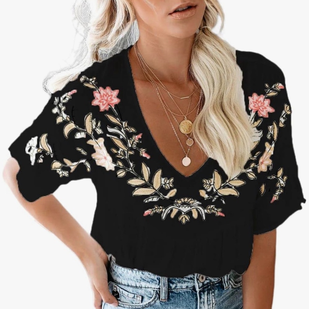 Black Boho Floral Print Embroidered High-Low Hem Peasant Blouse XL NWOT XL